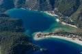 Amazing aerial view of Blue Lagoon in beach resort in the Fethiye district - Oludeniz.  Turkey. Summer landscape with mountains, g Royalty Free Stock Photo