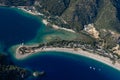 Amazing aerial view of Blue Lagoon in beach resort in the Fethiye district - Oludeniz.  Turkey. Summer landscape with mountains, g Royalty Free Stock Photo