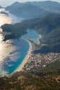 Amazing aerial view of Blue Lagoon in beach resort in the Fethiye district - Oludeniz.  Turkey. Summer landscape with mountains, g Royalty Free Stock Photo