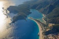 Amazing aerial view of Blue Lagoon in beach resort in the Fethiye district - Oludeniz.  Turkey. Summer landscape with mountains, g Royalty Free Stock Photo