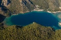 Amazing aerial view of Blue Lagoon in beach resort in the Fethiye district - Oludeniz.  Turkey. Summer landscape with mountains, g Royalty Free Stock Photo