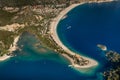 Amazing aerial view of Blue Lagoon in beach resort in the Fethiye district - Oludeniz.  Turkey. Summer landscape with mountains, g Royalty Free Stock Photo