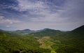 Aerial View Hilly Jungle Distant River under Blue Sky