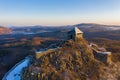 Amazing aerial view of Castle of SalgÃÂ³ with splendid winter morning sunrise. Royalty Free Stock Photo