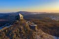 Amazing aerial view of Castle of SalgÃÂ³ with splendid winter morning sunrise. Royalty Free Stock Photo