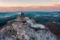 Amazing aerial view of Castle of SalgÃÂ³ with splendid winter morning sunrise. Royalty Free Stock Photo