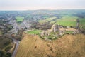 amazing aerial view of Corfe Castle, aerial view of the famous historical site and the village, united kingdom