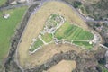 amazing aerial view of Corfe Castle, aerial view of the famous historical site and the village, united kingdom