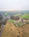 amazing aerial view of Corfe Castle, aerial view of the famous historical site and the village, united kingdom