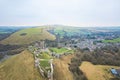 amazing aerial view of Corfe Castle, aerial view of the famous historical site and the village, united kingdom