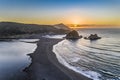 Amazing aerial view of a dreamlike beach in the central Chilean coast. Striking view of the waves coming from the sea and the wild Royalty Free Stock Photo