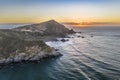 Amazing aerial view of a dreamlike beach in the central Chilean coast. Striking view of the waves coming from the sea and the wild Royalty Free Stock Photo