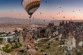 Amazing aerial view of hot air balloons at sunrise in Goreme National Park.Uchisar Castle. Cappadocia.Turkey. Top attraction trave Royalty Free Stock Photo
