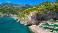 Amazing aerial view of Maiori and Minori along Amalfi Coast in summer season, Italy. Drone viewpoint