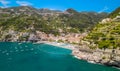 Amazing aerial view of Maiori and Minori along Amalfi Coast in summer season, Italy. Drone viewpoint