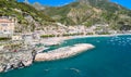 Amazing aerial view of Maiori and Minori along Amalfi Coast in summer season, Italy. Drone viewpoint