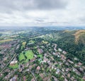 Amazing aerial view of the Malvern Hills and town center of Great Malvern, The famous village for outdoor and tourist, England