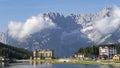 Amazing aerial view of the Misurina lake closed to National Park Tre Cime di Lavaredo, Auronzo, Dolomiti Alps, South Tyrol, Italy Royalty Free Stock Photo