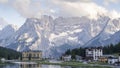 Amazing aerial view of the Misurina lake closed to National Park Tre Cime di Lavaredo, Auronzo, Dolomiti, Alps, South Tyrol, Italy Royalty Free Stock Photo