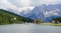 Amazing aerial view of the Misurina lake closed to National Park Tre Cime di Lavaredo, Auronzo, Dolomiti, Alps, South Tyrol, Italy Royalty Free Stock Photo