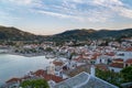 Amazing aerial view over Skopelos harbor and the Old Town, island of Skopelos, Greece