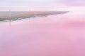 Amazing aerial view of the pink lake at sunset, beautiful landscape, juicy multi-colored colors Royalty Free Stock Photo