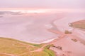 Amazing aerial view of the pink lake, at sunset, beautiful landscape, juicy multi-colored colors Royalty Free Stock Photo