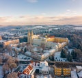 Amazing aerial view of snowy Zirc Abbey