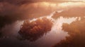 Amazing aerial view on sunrise. foggy river and golden  trees. beautiful autumn landscape. drone shot, bird`s eye Royalty Free Stock Photo