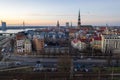Amazing aerial view of the sunset over Old town of Riga, Vecriga in Latvia. River Daugava Royalty Free Stock Photo