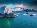 Amazing aerial view of Sydney city, the harbor bridge and the modern building of the Opera house Royalty Free Stock Photo