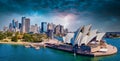 Amazing aerial view of Sydney city, the harbor bridge and the modern building of the Opera house