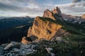Amazing alpine landscape of Dolomites mountains, Seceda, Odle, Tyrol, Italy Royalty Free Stock Photo