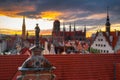 Amazing architecture of the main city in Gdansk at sunset, Poland. Aerial view of the Long Market, Main Town Hall and St. Mary