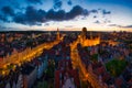 Amazing architecture of the main city in Gdansk at sunset, Poland. Aerial view of the Long Market, Main Town Hall and St. Mary Royalty Free Stock Photo