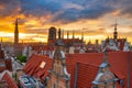 Amazing architecture of the main city in Gdansk at sunset, Poland. Aerial view of the Long Market, Main Town Hall and St. Mary Royalty Free Stock Photo