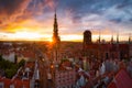 Amazing architecture of the main city in Gdansk at sunset, Poland. Aerial view of the Long Market, Main Town Hall and St. Mary Royalty Free Stock Photo