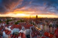 Amazing architecture of the main city in Gdansk at sunset, Poland. Aerial view of the Long Market, Main Town Hall and St. Mary Royalty Free Stock Photo