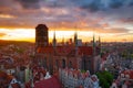 Amazing architecture of the main city in Gdansk at sunset, Poland. Aerial view of the St. Mary Basilica Royalty Free Stock Photo