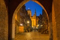 Amazing architecture of the Mariacka street in the old town in Gdansk at night, Poland Royalty Free Stock Photo