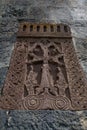 Amazing Armenian khachkar on the wall of the church