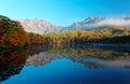 Amazing autumn lake scenery of Kagami Ike Mirror Pond in morning light with symmetric reflections of colorful fall foliage Royalty Free Stock Photo