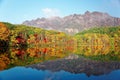 Amazing autumn lake scenery of Kagami Ike Mirror Pond in morning light with symmetric reflections of colorful fall foliage