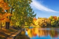 Amazing autumn landscape on clear sunny day. Colorful trees reflected in water surface of lake in park. Beautiful autumnal park