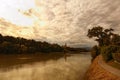 Amazing autumn landscape of the Drava River in Maribor. Stormy sky and gloomy clouds, several minutes before rain.