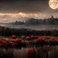 Amazing autumn landscape at night in moonlight, idyllic and peaceful nature scenery. Digital art.