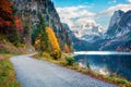 Amazing autumn scene of Vorderer / Gosausee lake with Dachstein glacieron background. Breathtaking morning view of Austrian Alps,