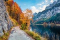 Amazing autumn scene of Vorderer / Gosausee lake. Gorgeous morning view of Austrian Alps, Upper Austria, Europe. Beauty of nature