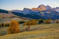 Amazing autumn scenery of Alpe di Siusi at sunrise, Dolomite Alps, Italy Royalty Free Stock Photo