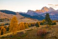 Amazing autumn scenery of Alpe di Siusi at sunrise, Dolomite Alps, Italy